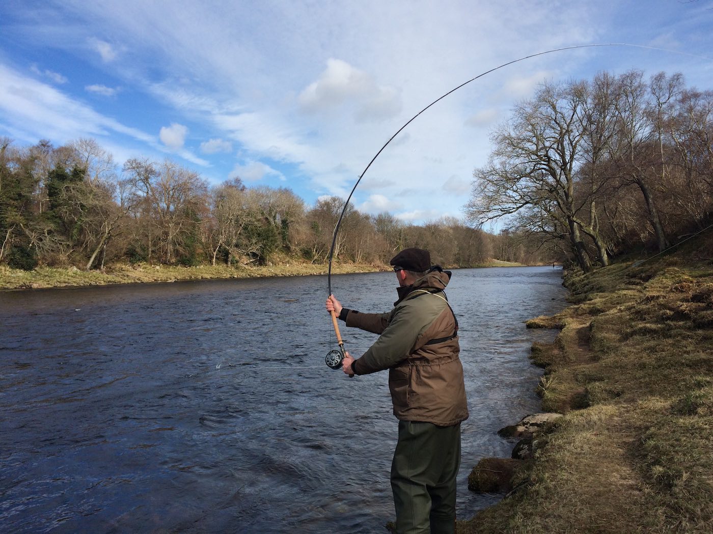 This River Dee salmon fly fishing trip guest came all the way from Washington in the USA to test out his brand new Spey rod. Look at the perfect parabolic action of his rod as he powers up the loading for another perfect forward delivery power stroke. This shot was taken by myself as his personal salmon fishing guide on the Invery salmon beat near Banchory in Aberdeenshire.