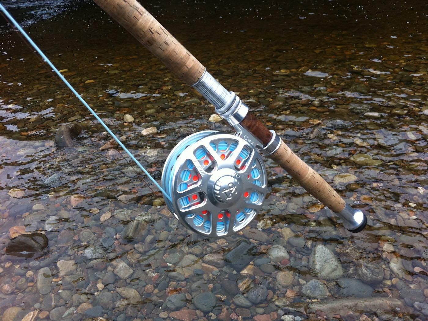 This beautiful salmon fly reel id the Van Staal C-Vex Combo 9/11 in silver which is my own personal salmon reel. The light blue fly line is the Monteith Speycaster Multi System which was a Spey line I designed that fishes with 1 of 8 tips that come with the mainline to cover various different salmon fly depth swim applications. The fly rod is a 16ft Bruce & Walker Norway blank hand built to my specification with a stabilised walnut Struble reel seat.