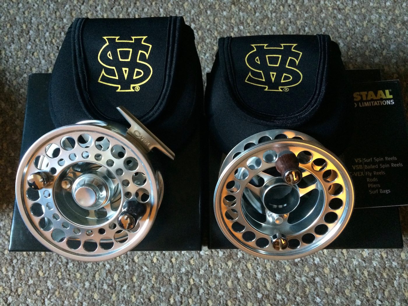 Here's the best salmon reel I've ever used as a professional fly fishing guide. This silver Van Staal C-Vex Combo fly reel has been my own personal salmon fly reel since 2003. The C-Vec 9/11 Combo comes with 2 spools (1 x 9/10 & 1 x  10/11) that fit the same reel housing which is a clever design and eliminates the need to carry 2 reels.