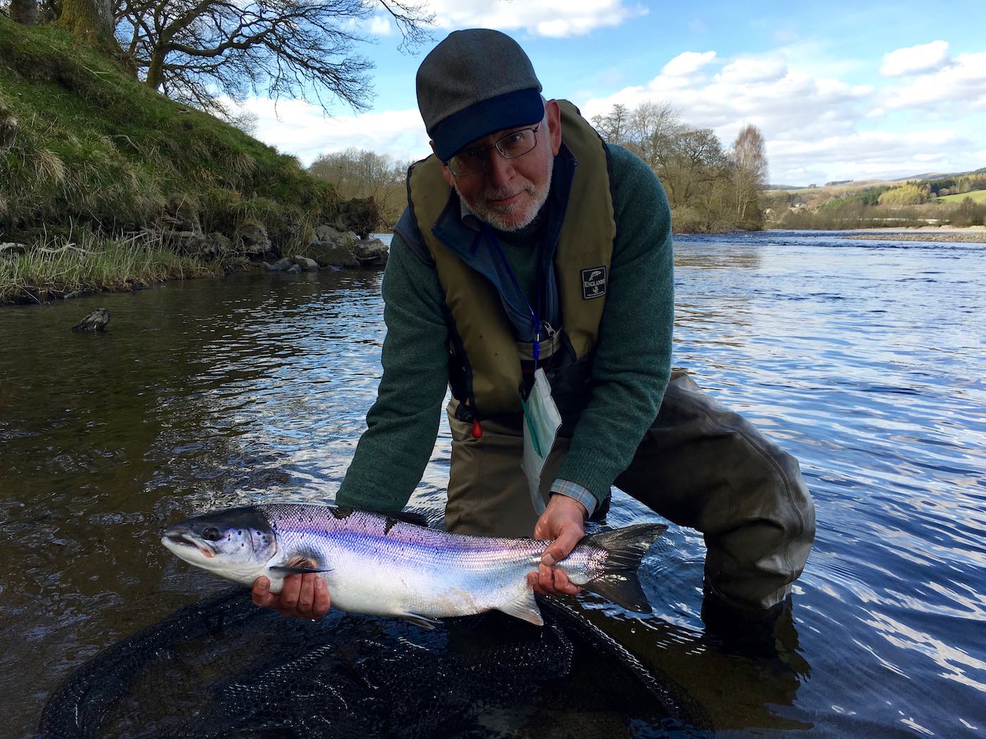 Here's the 2nd of 2 perfect early Spring caught salmon from the River Tay in Perthshire. This salmon fishing trip guest Chris Blandford came up from England with the dream of catching a Scottish salmon on the fly and was rewarded with 2 fine specimens that were caught in rapid succession. I took this lovely shot of Chris as I was his River Tay salmon fishing guide that day.