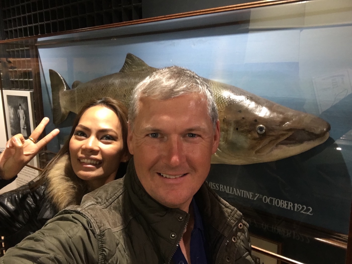 Here's a cast of the British rod caught salmon in the Perth Museum. This colossal Autumn run salmon weighed 64lbs and was caught by lady salmon fisher Georgina Ballantine at Glendelvine on the River Tay back in 1922.