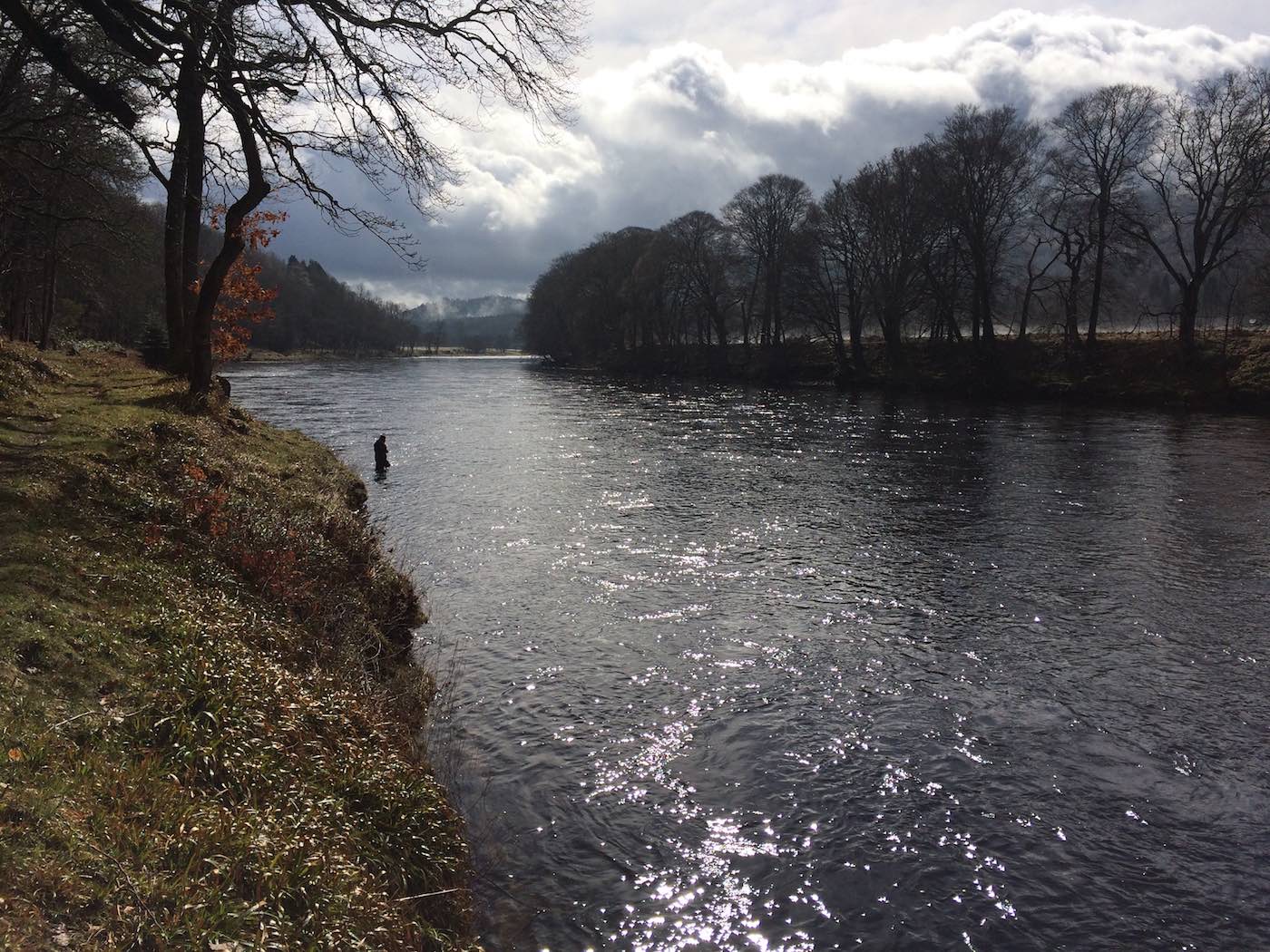 This salmon angler is out fishing the Dean's Burn Pool of the Newtyle Beat near Dunkeld which is a great fishing area in the Tay Valley. 1 hour prior to this photograph being taken this angler's colleague landed a perfect 15lbs Spring salmon slightly downstream of where the angler is fishing. I took this sparkly light shot while working as a salmon guide for this River Tay fisherman.