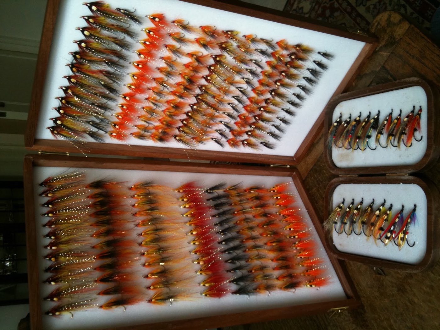 Here's a perfectly stocked salmon fly fishing box which was manufactured by Wheatley in England. These fly patterns include Red Flamethrowers, Orange Flamethrowers, Copperass to name a few. It's always good to have a quality selection of flies like this to draw on throughout the seasonal salmon fishing in Scotland.