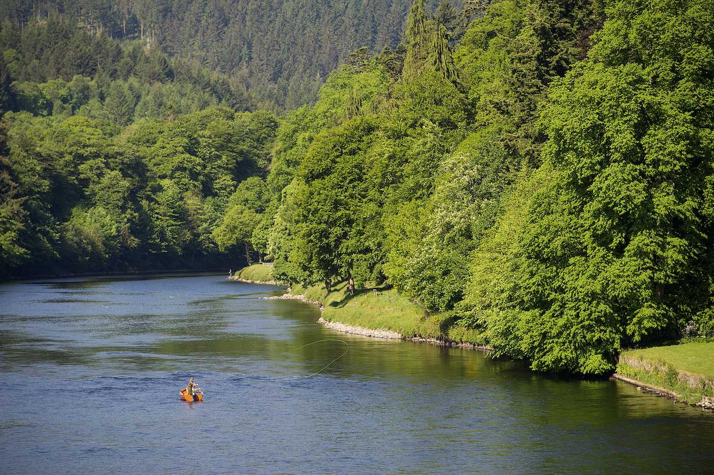 There's something magical about fishing the Cathedral Stream on the Dunkeld House Beat of the River Tay.  Maybe it's something to do with the old ley lines that run through this location. This natural energy can be felt by anglers and salmon! I took this shot of the salmon beat head ghillie in his boat while serving as the accompanying guest's salmon fishing guide. I took this upstream shot from the mid section of the 200 year old Telford Bridge at Dunkeld.