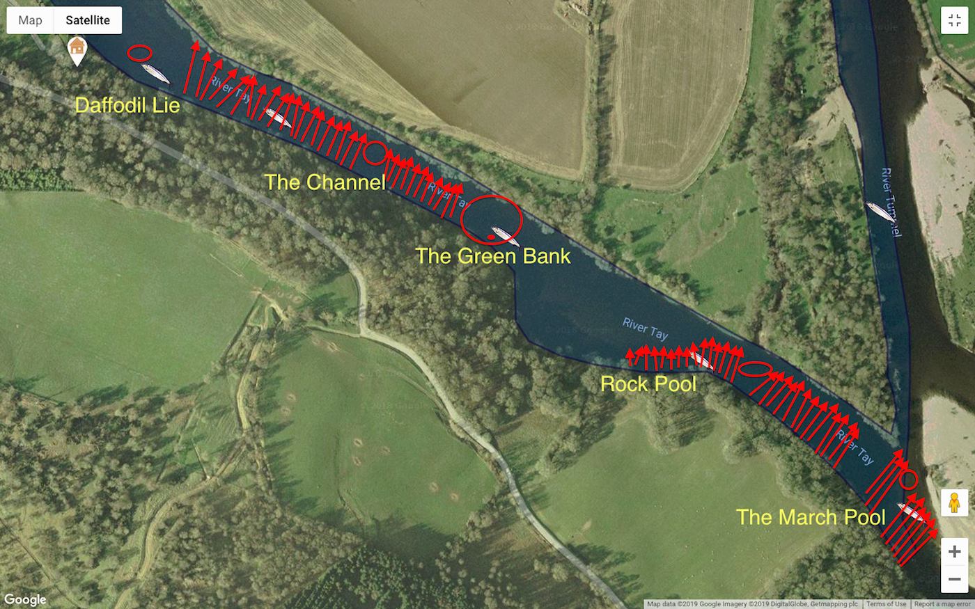 These are the taking areas where you can expect to catch salmon on the Tay's Upper Kinnaird salmon  beat. Follow this River Tay treasure map for the maximum chance of success. I learned these salmon lies during a 10 year working period on the Upper Kinnaird salmon beat while serving as a River Tay salmon fishing guide.