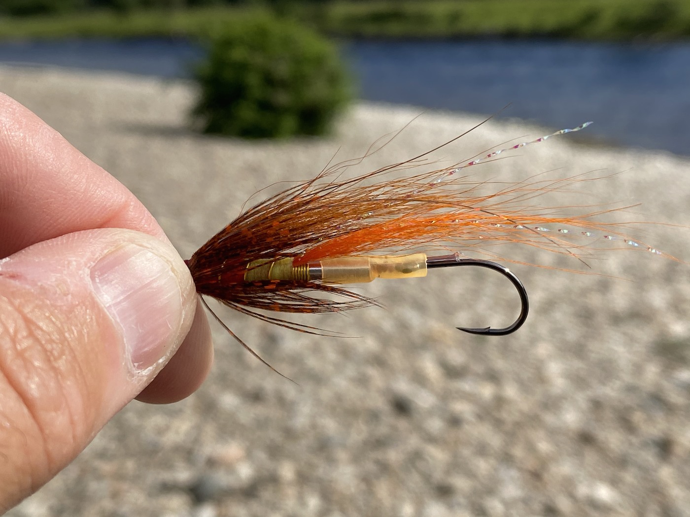 This is the brown winged version of the Jock's Shrimp fitted with a Partridge Nordic No 6 tube fly hook. This is a true weapon of a salmon fly and lethal for attracting salmon on the famous River Tay and other Scottish salmon rivers.