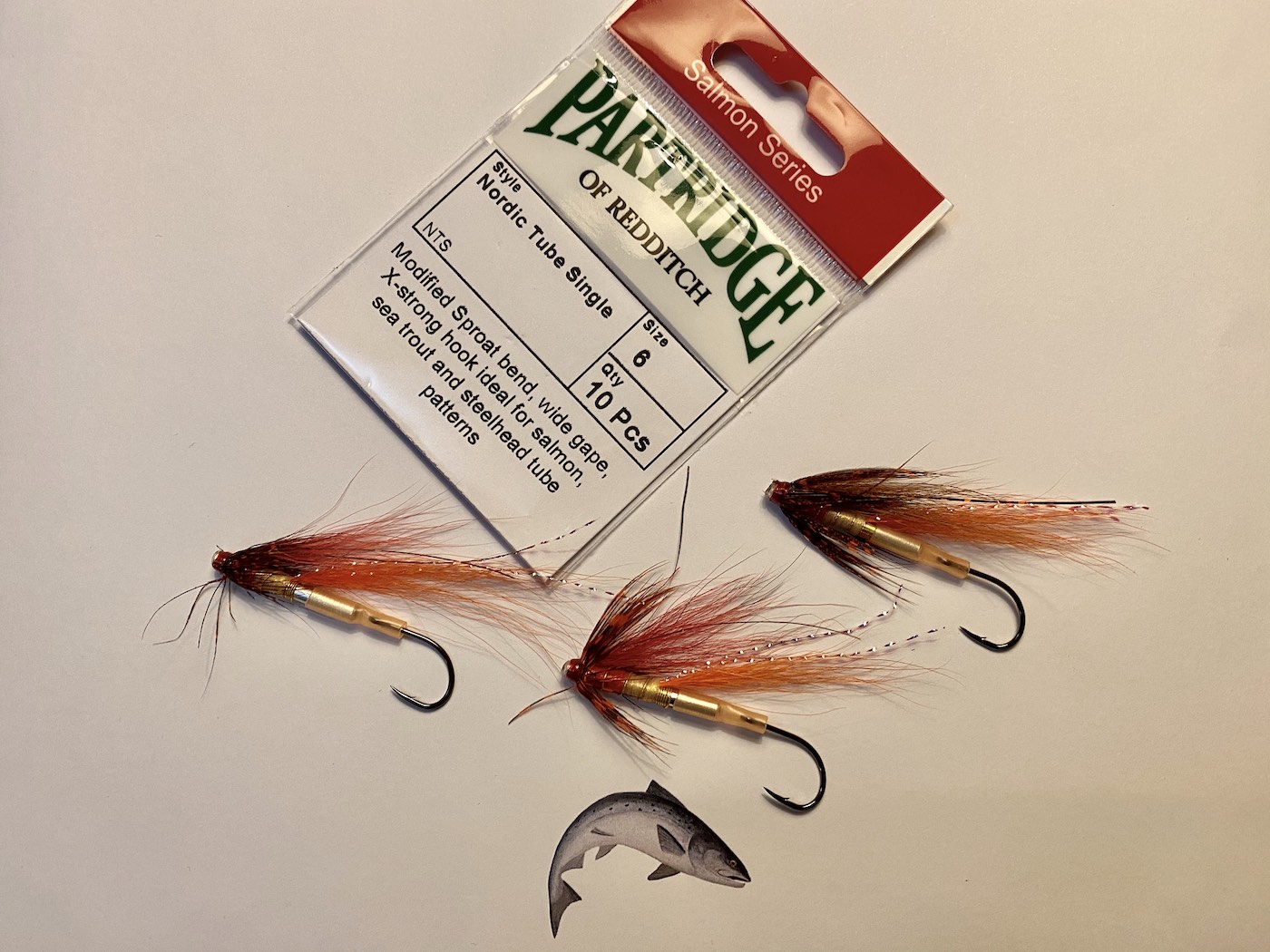 Personally I love to use the Partridge Nordic tube fly hooks as they are micro barbed, very sharp and very strong. A single hook also hooks salmon better and does almost no damage to the mouth of a fish with 'Catch & Release' in mind. A good strong single hook also keeps the fly on an even keel when it's fishing. Once you've landed a few salmon on a single hook you'll be unlikely to ever go back to doubles or treble hooks. These are 3 Jock's Shrimp salmon tube fly patterns which is of my own design.