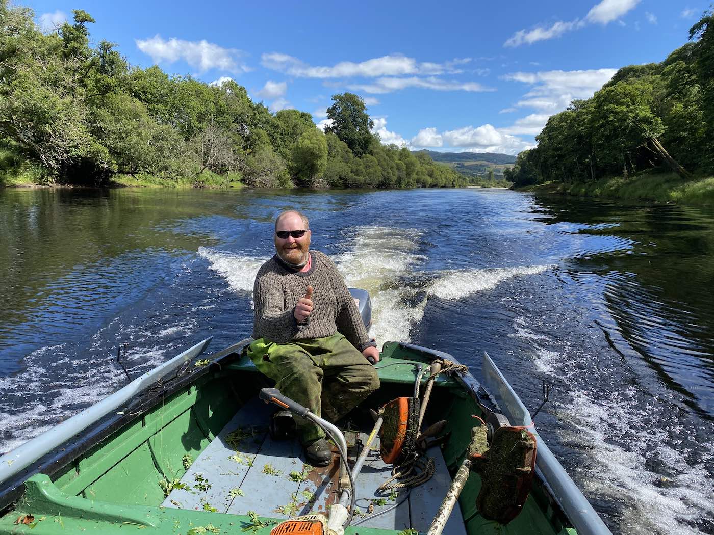 This man has been one of my best most loyal salmon guide colleagues over the last 20 years. Martin worked with me on the Newtyle Beat in 2004 & 2005 before I assisted him in getting started on the Kinnaird salmon beat where he's thrived ever since. Martin is in one of his Tay salmon boats in this shot motoring up through the Channel Pool on his Kinnaird Beat.