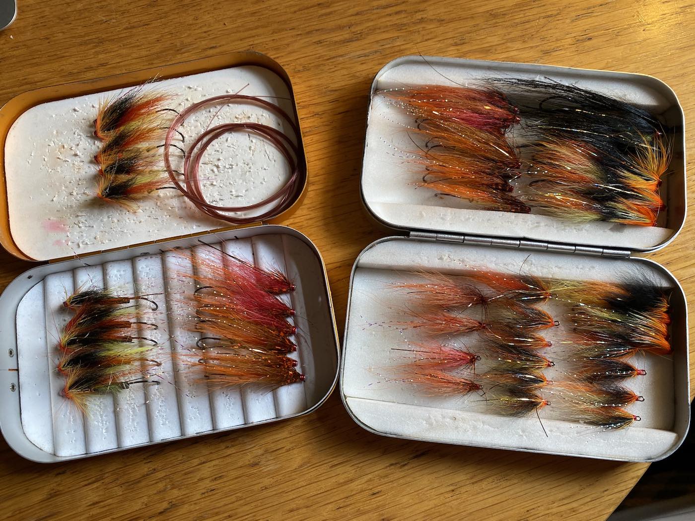 Always carry a few coiled up spare leaders in your fly box like you see here just in case needed while out on the river. Learn how to prepare your salmon fishing approach via tuition from a professional salmon guide. This Wheatley fly box includes my main favourite salmon flies like the Jock's Shrimp & Copperass salmon fly patterns.