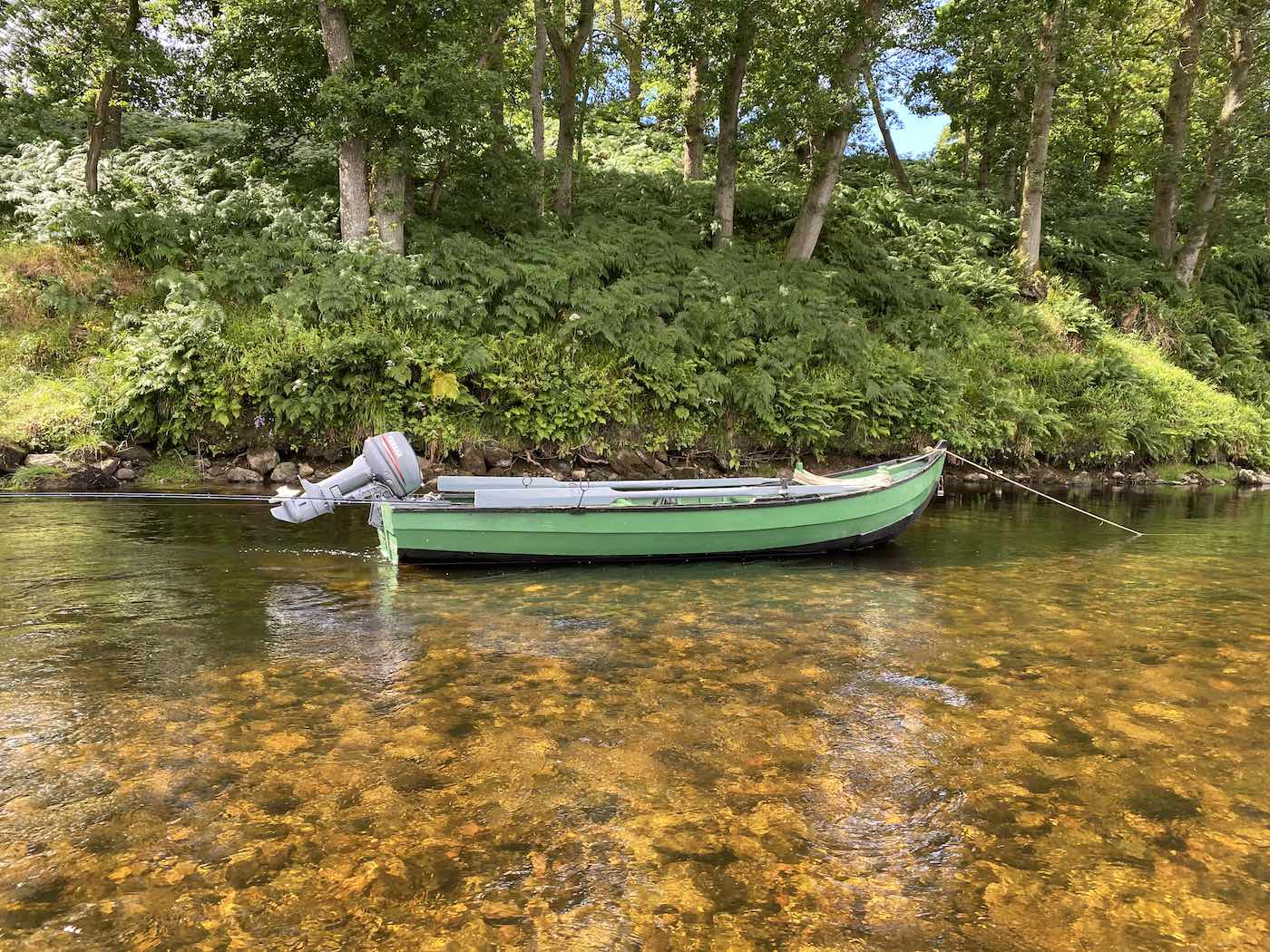 Here's a 16ft River Tay salmon fishing coble constructed from larch and oak. These traditional salmon boats are very stable yet can navigate shallow water when required. I've spent years out in this style of River Tay boat and enjoyed the capture of many salmon while boat fishing. This is one of the Kinnaird Beat boats on the River Tay near Pitlochry in Highland Perthshire.