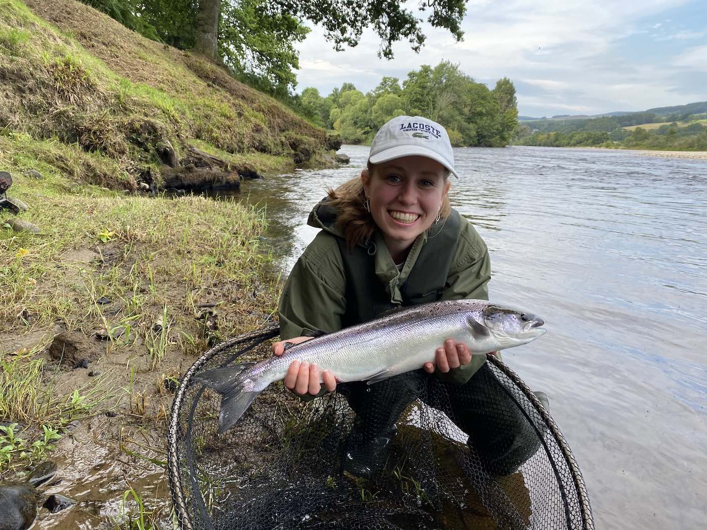 This young lady was part of a family salmon fishing group who had never fished before for salmon. This salmon is being momentarily held over the landing net in the March Pool on the Kinnaird salmon beat. Look at the perfectly cur green grassy riverbank which makes the salmon fishing easy.