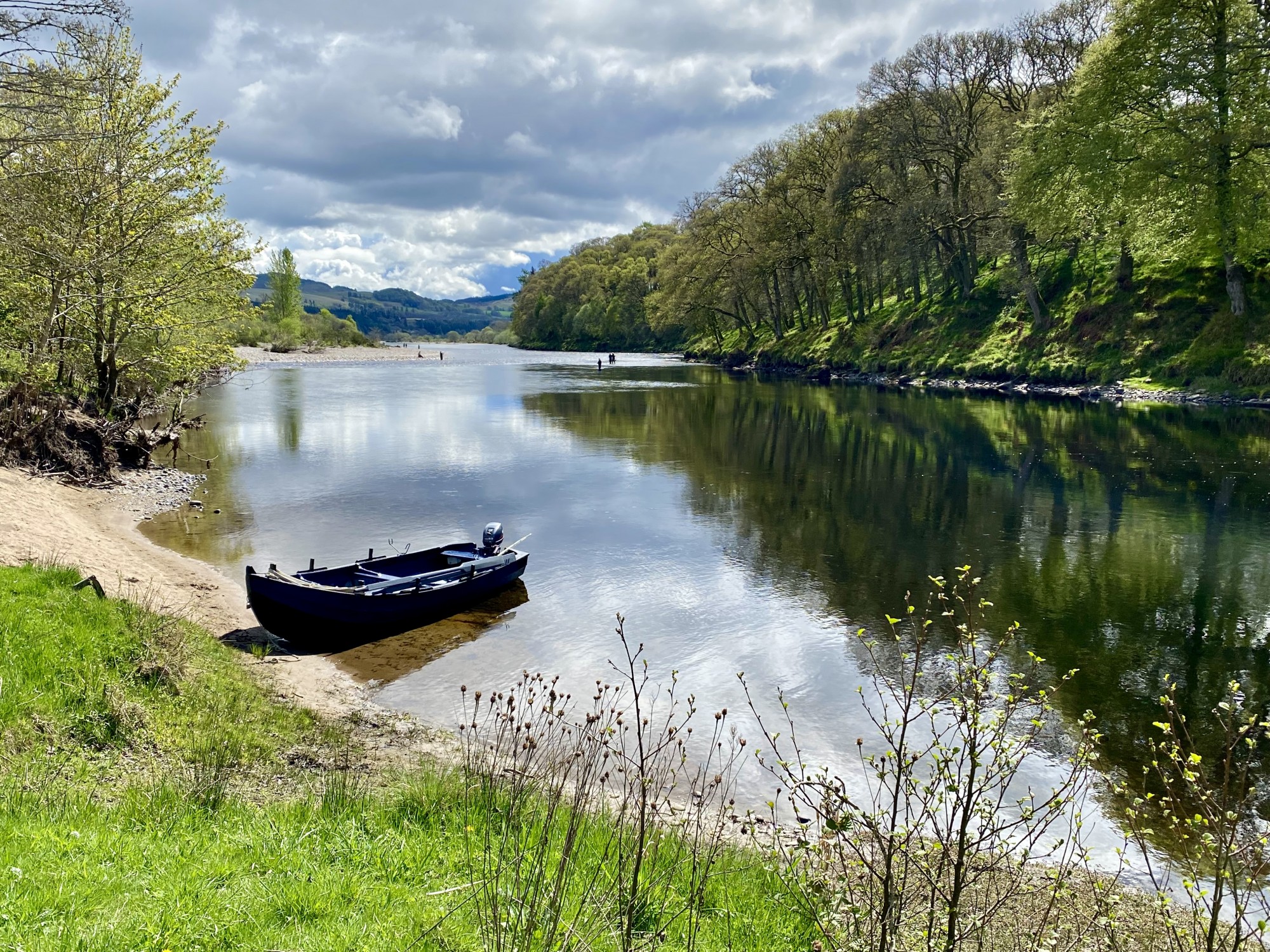 Here is a traditional River Tay harling boat moored on the lovely sandbank at the Kinnaird Beat Rock Pool. The 2 salmon anglers on the right hand side of the river with their professional guide had just landed their 2nd salmon when I took this perfect shot. This fishing area of the Tay is between Pitlochry & Dunkeld where the River Tummel greets the Tay and is a renowned hot spot. The deep water to the right hand side of the boat is a serious salmon holding pool that our salmon guides love to take salmon fishing guests to.