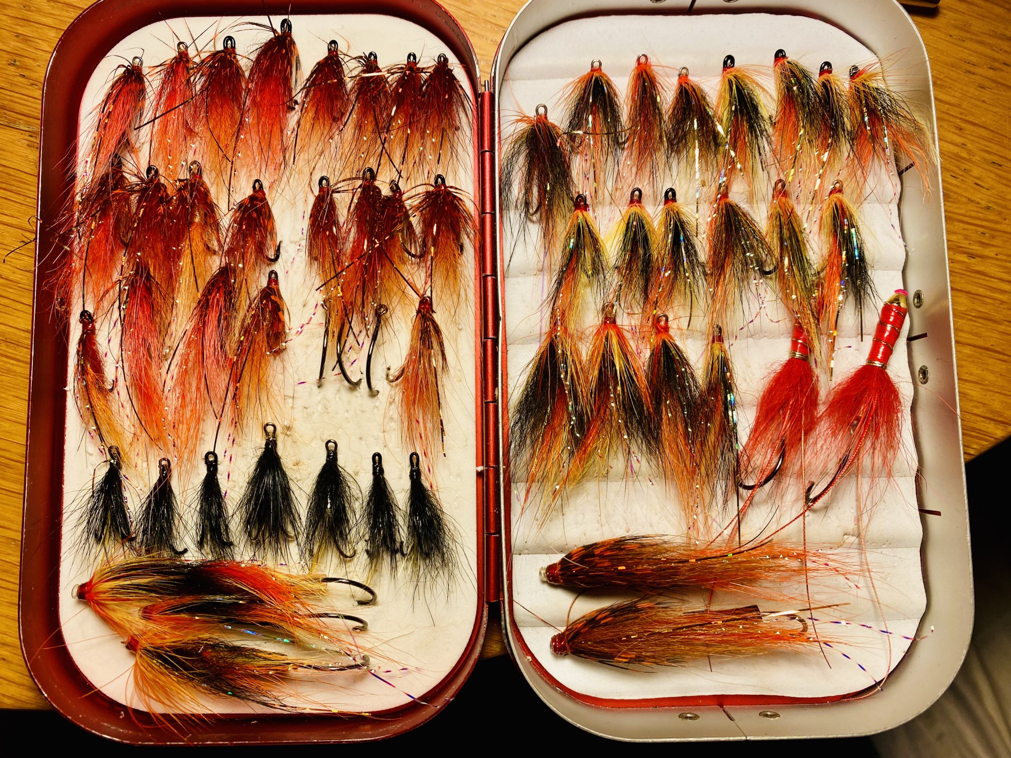 Once you've got enough faith in a specific salmon fly pattern then look for the fly that outperforms it's replica associates. Here's a selection of my 'Jock Shrimp' & 'Copperass' patterns with a few other aces that I sometimes fish with too. I love these old aluminium Richard Wheatley fly boxes too and have many of them which I've collected over the decades.