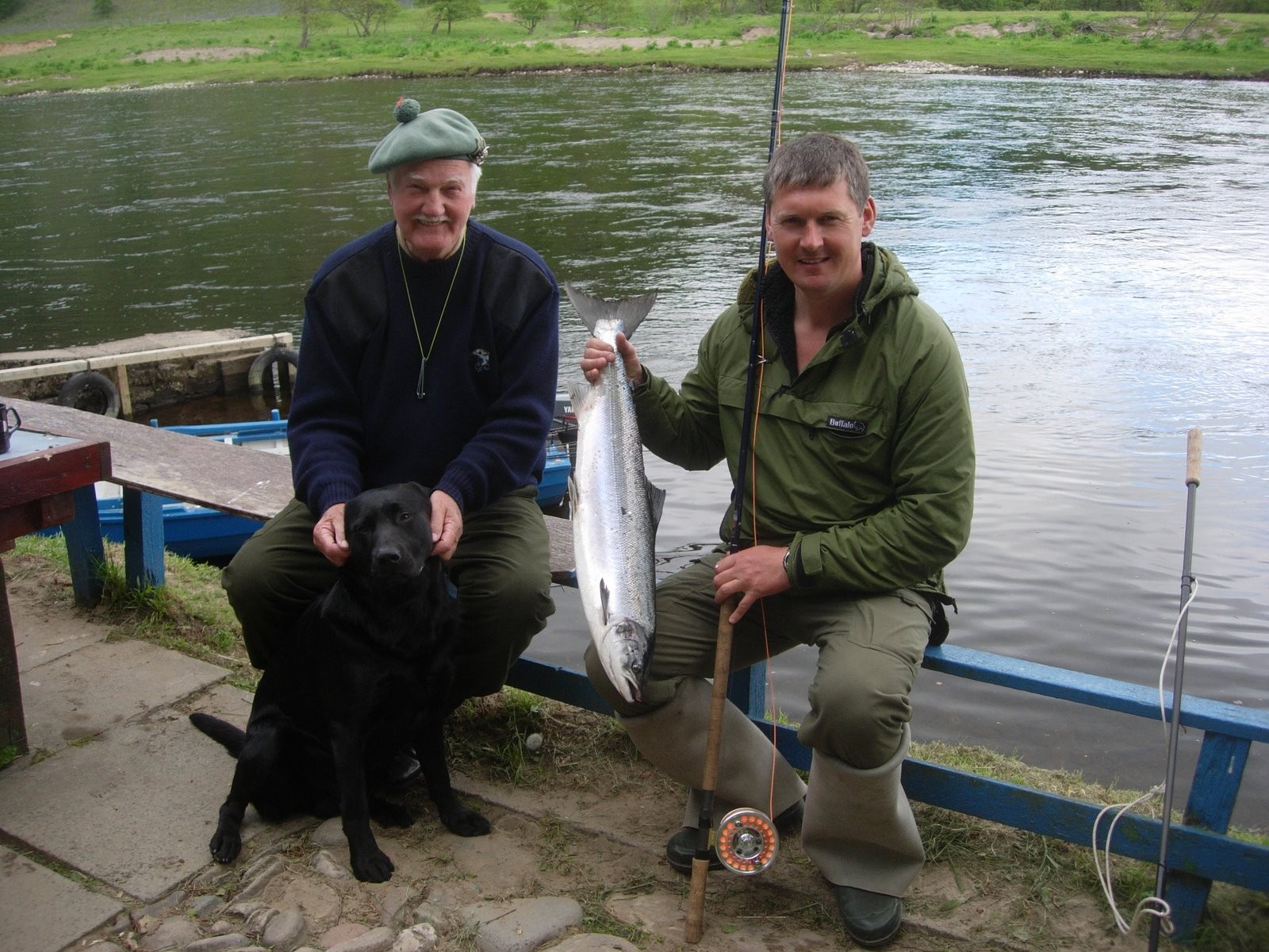 Here's a shot from 2004 of the late Peter Anderson with myself in front of the Newtyle Beat fishing hut on the River Tay near Dunkeld. Peter was a colossal figure within Scottish salmon fishing and possessed exceptional skills with a fly or spinning rod which really had to be seen to be believed! You can see the Newtyle Beat jetty casting platform behind Peter.