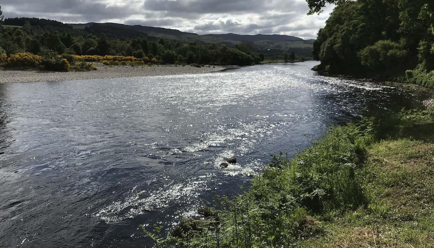 Here's a truly amazing piece of salmon water on the Kinnaird Estate near Pitlochry which is a firm favourite for visiting salmon anglers. Salmon love to sit close in to this riverbank beside the broken water riffles you can see in this photograph. Personally I seldom fail to hook a salmon while fishing through this perfect River Tay salmon pool.
